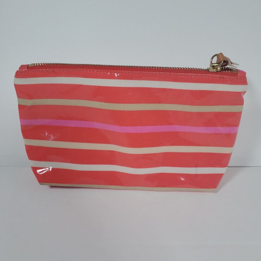 Tory Burch Women’s Cosmetic Bag Poppy Red Striped Brigitte Case Zip Log 5x9.25" - Picture 2 of 12